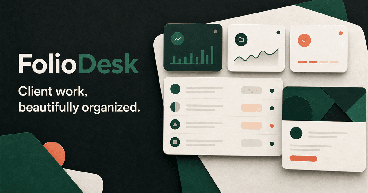 FolioDesk portfolio cover showing layered client dashboard cards